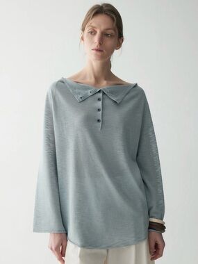 Relaxed Light Blue Button-Front Wide Collar Long Sleeve Top